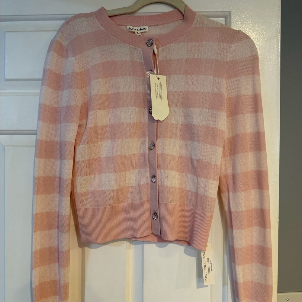 For Love & Lemons Pink and Cream Check Cropped Cardigan